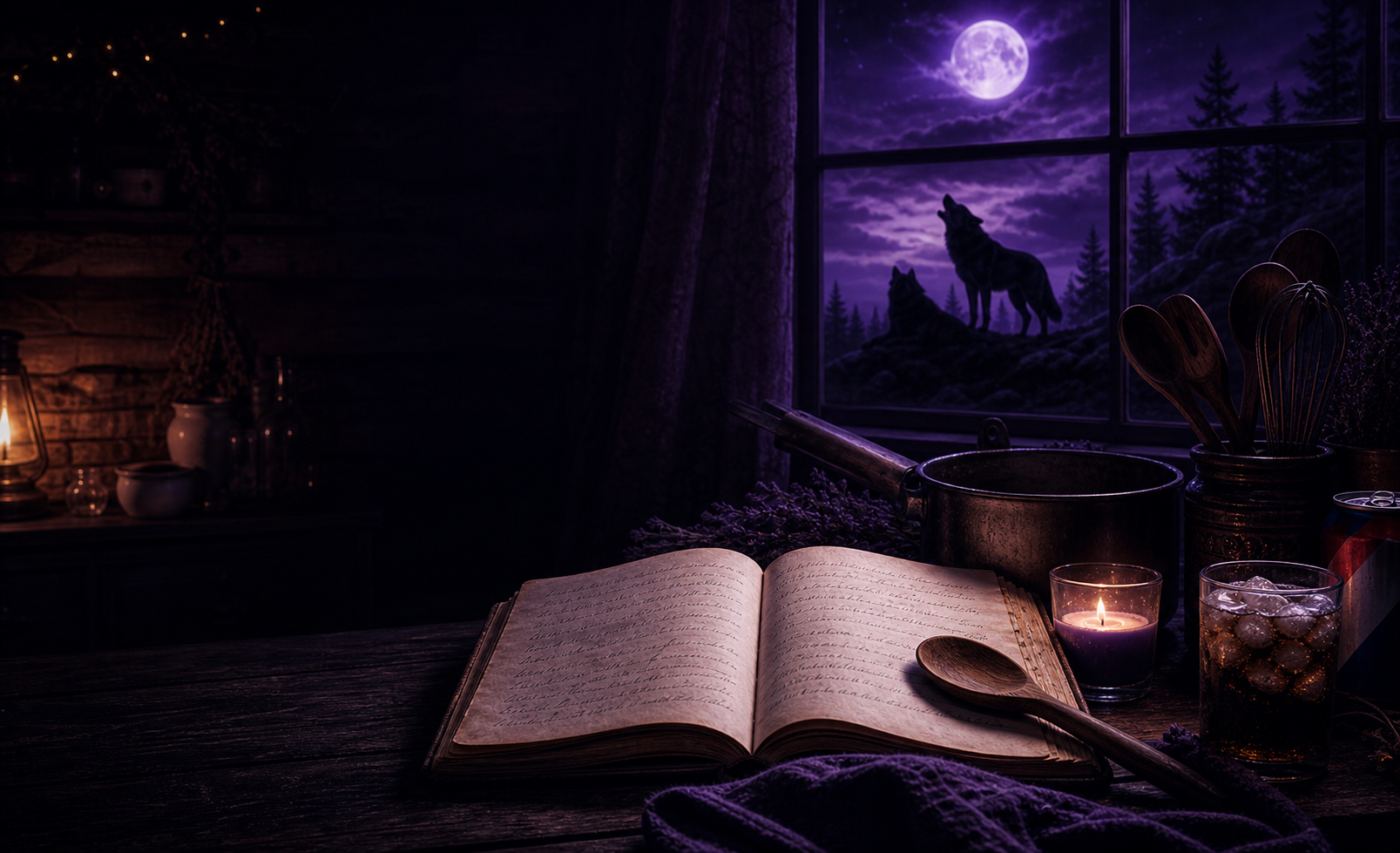 A purple moonlit kitchen table with an open cookbook, cola, and wolf silhouettes